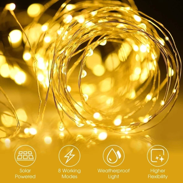 Güneş Enerjili 20 Metre 8 Mod Gün Işığı LED Işık Şeridi - 4