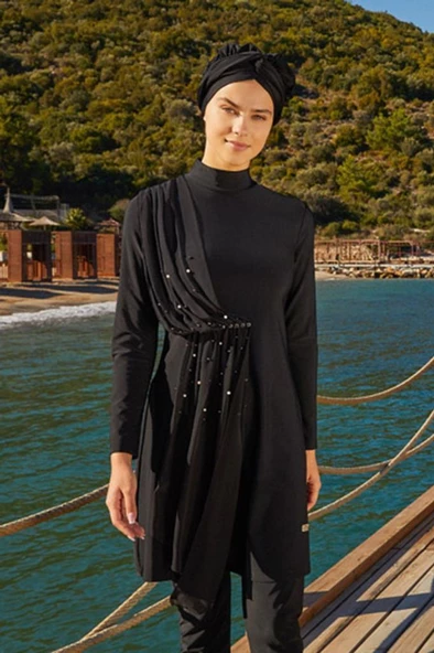 Adasea 4248 Siyah Lycralı Tasarım Tesettür Mayo - Resim 6