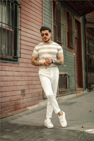 Erkek Polo Yaka Çizgili Triko T-Shirt - 3