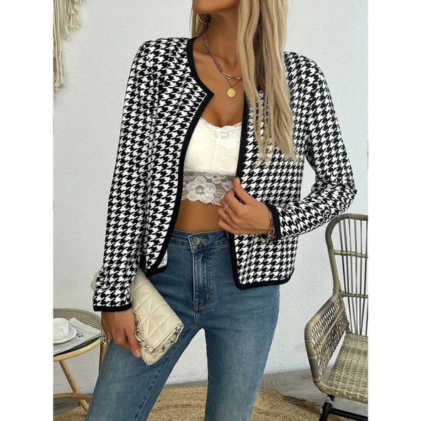 Lucky Life Kadın Uzun Kollu Kaz Ayağı Desenli şardonlu Dalgıç Ceket - Resim 3