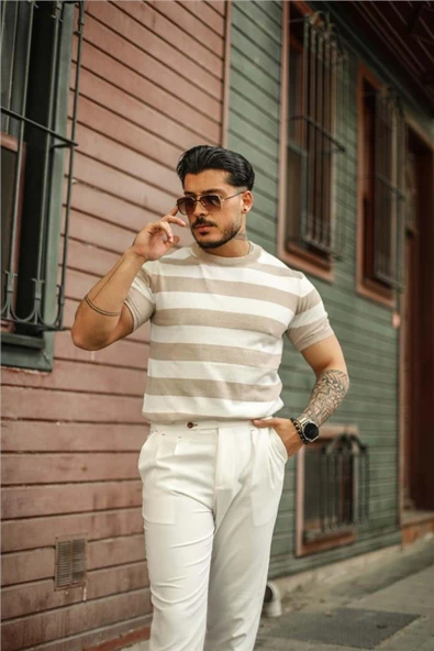 Erkek Polo Yaka Çizgili Triko T-Shirt