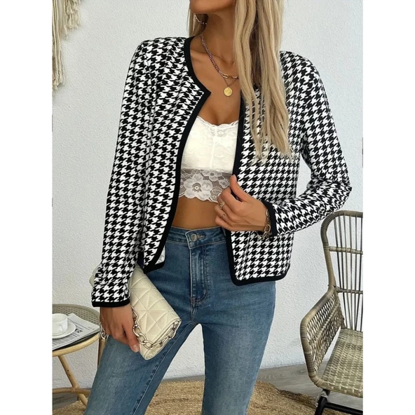 Lucky Life Kadın Uzun Kollu Kaz Ayağı Desenli şardonlu Dalgıç Ceket - Resim 2