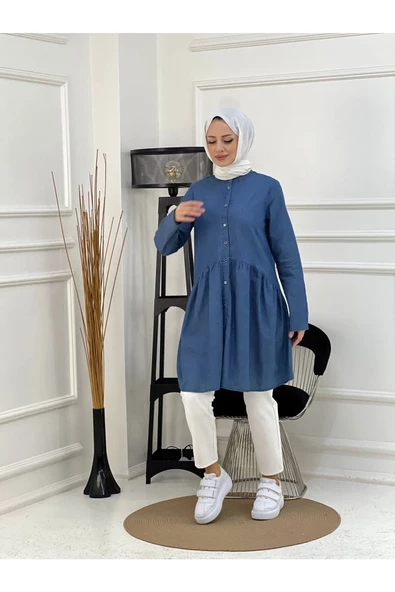 Doğal Kumaşlı Düğmeli Tunik- Koyu Mavi - 5