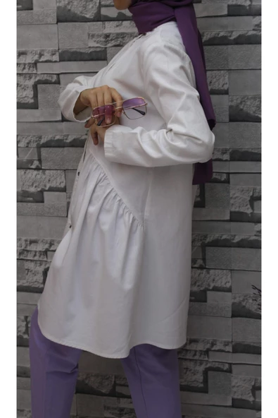 Doğal Kumaşlı Düğmeli Tunik- Koyu Mavi - 12