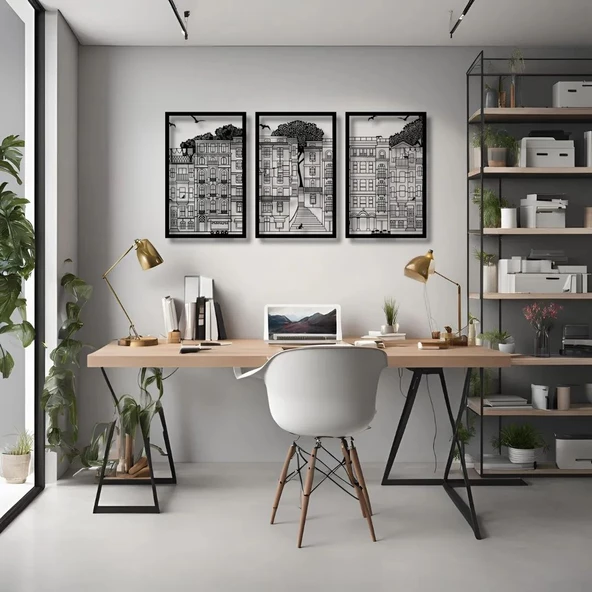 Şık Metal Tablo 3 Parçalı Şehir (3 Piece City) Metal Duvar Tablosu Sanat