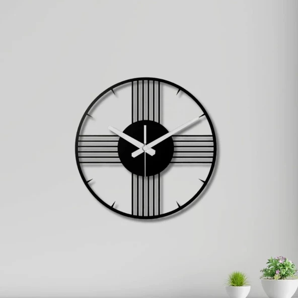 Metal Duvar Saati Minimal Çizgiler Siyah Metal Duvar Saati Dekoratif Saat ürün görseli