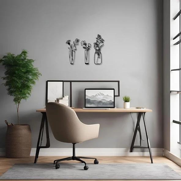 Sanatsal Metal Tablo 3 Çiçek (3 Flower) Metal Duvar Tablosu Doğal - Resim 3