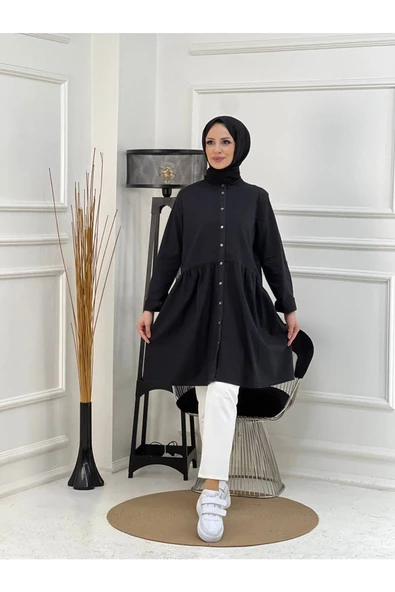 Doğal Kumaşlı Düğmeli Tunik- Koyu Mavi - 9