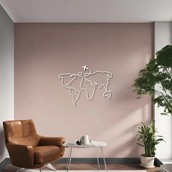 Metal Duvar Dekorasyonu Dünya Haritası Uçaklı (World Map with Plane) Metal Duvar Tablosu Harita - 3
