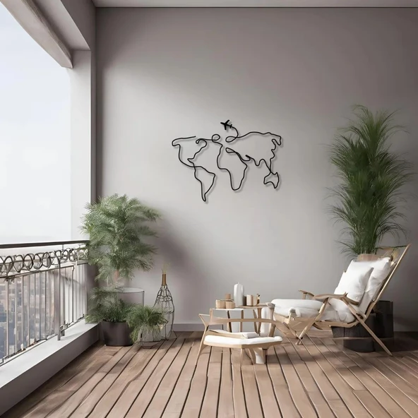 Metal Duvar Dekorasyonu Dünya Haritası Uçaklı (World Map with Plane) Metal Duvar Tablosu Harita - 2