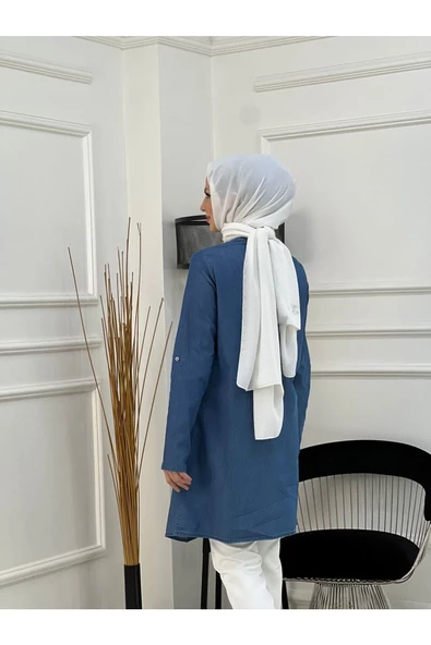 Doğal Kumaşlı Düğmeli Tunik- Koyu Mavi - 3