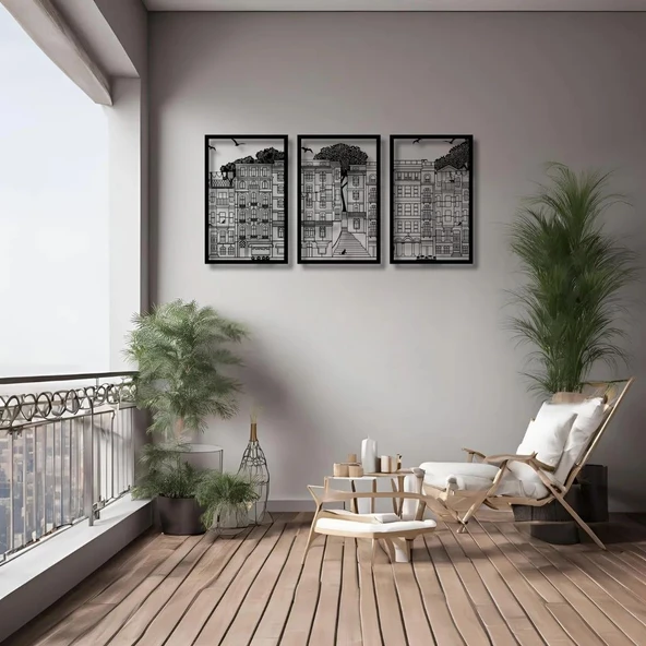 Şık Metal Tablo 3 Parçalı Şehir (3 Piece City) Metal Duvar Tablosu Sanat - Resim 5