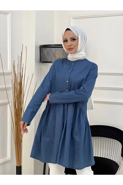 Doğal Kumaşlı Düğmeli Tunik- Koyu Mavi - 7