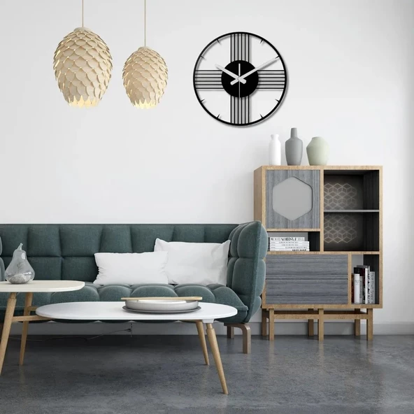 Metal Duvar Saati Minimal Çizgiler Siyah Metal Duvar Saati Dekoratif Saat - Resim 4