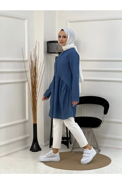 Doğal Kumaşlı Düğmeli Tunik- Koyu Mavi - 4