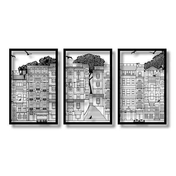 Şık Metal Tablo 3 Parçalı Şehir (3 Piece City) Metal Duvar Tablosu Sanat - Resim 6