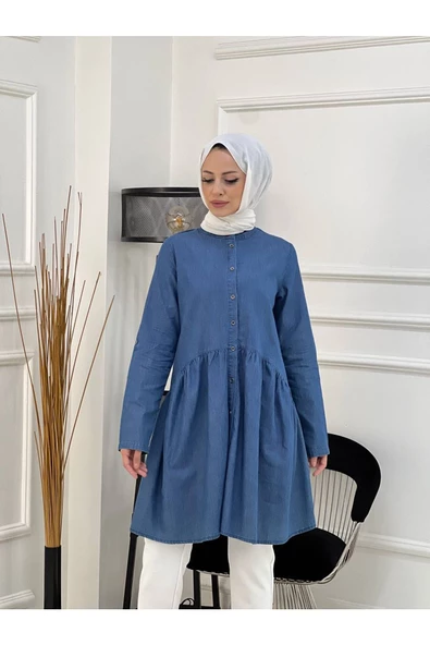 Doğal Kumaşlı Düğmeli Tunik- Koyu Mavi - 2