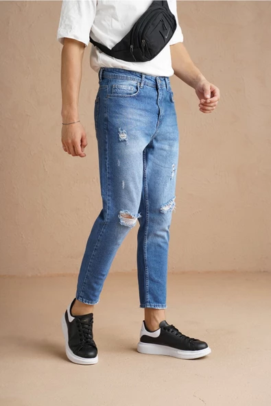 Erkek Açık Lacivert Diz Yırtık Modelli Boyfriend Jean Pantolon - 3