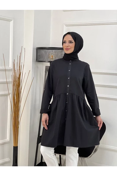 Doğal Kumaşlı Düğmeli Tunik- Koyu Mavi - 8