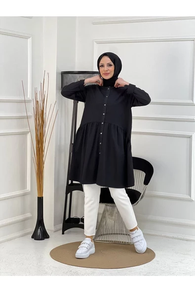 Doğal Kumaşlı Düğmeli Tunik- Koyu Mavi - 10
