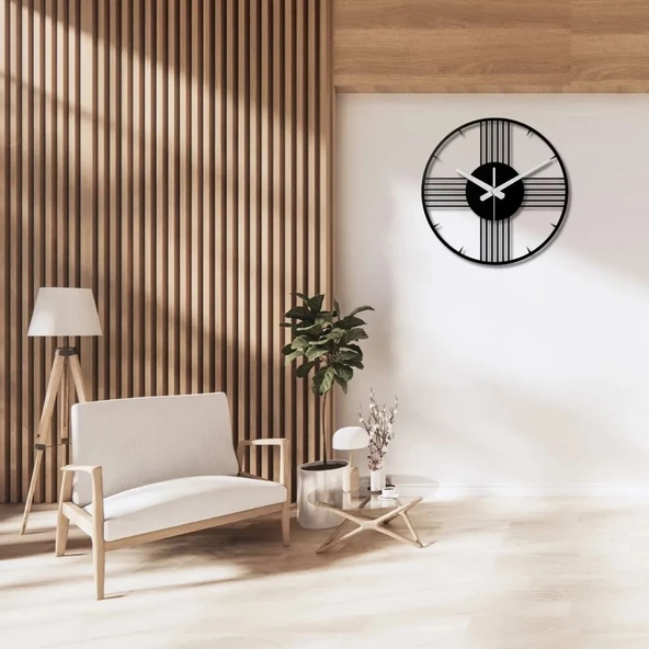 Metal Duvar Saati Minimal Çizgiler Siyah Metal Duvar Saati Dekoratif Saat - Resim 3