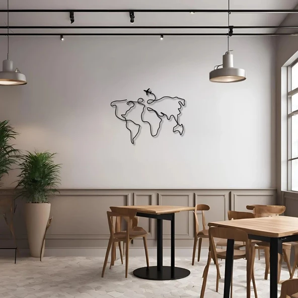 Metal Duvar Dekorasyonu Dünya Haritası Uçaklı (World Map with Plane) Metal Duvar Tablosu Harita - 4