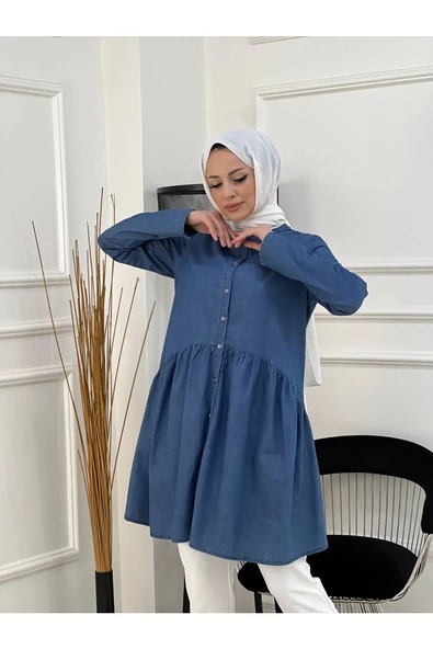 Doğal Kumaşlı Düğmeli Tunik- Koyu Mavi