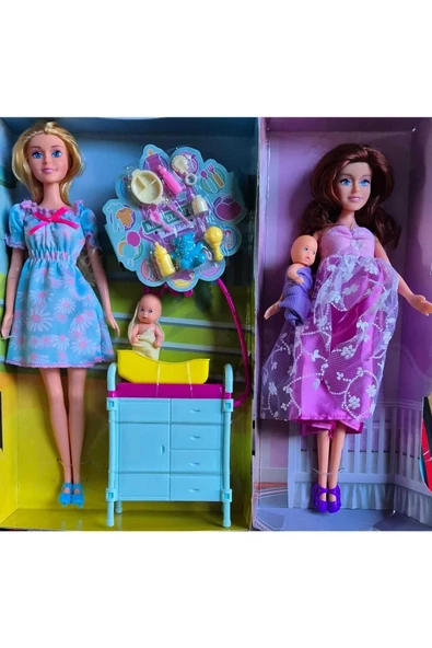 HEPSİLAZIM 29 Cm Hamile Anne Oyuncak Et Bebekli Aile Beşik & Pusetli Set 15 Parça Abla Kardeş Evcilik Oyunu - 2