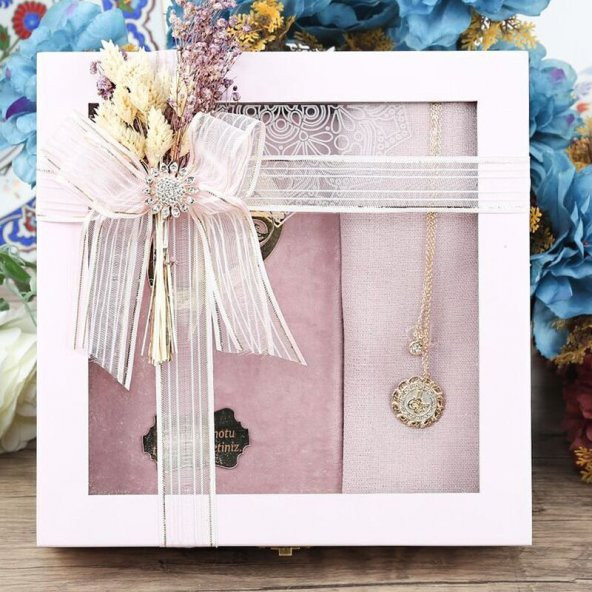Anneler Günü Hediyesi Şal, Kolye, Kuran-ı Kerim, Ahşap Kutulu Set-Pembe - 1