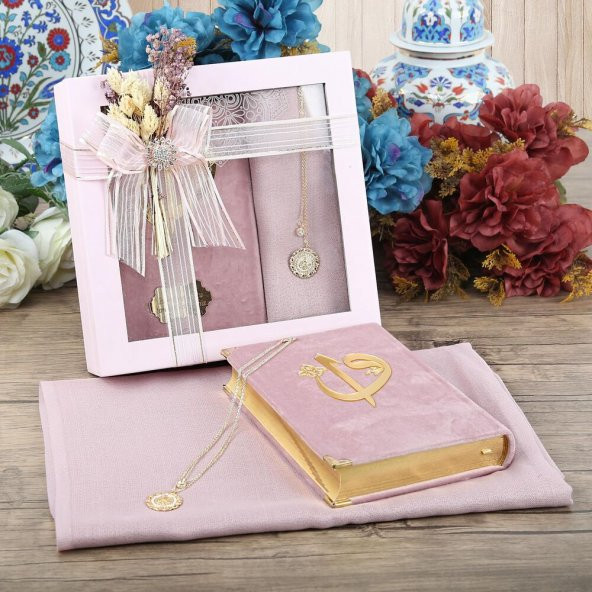 Anneler Günü Hediyesi Şal, Kolye, Kuran-ı Kerim, Ahşap Kutulu Set-Pembe - 2