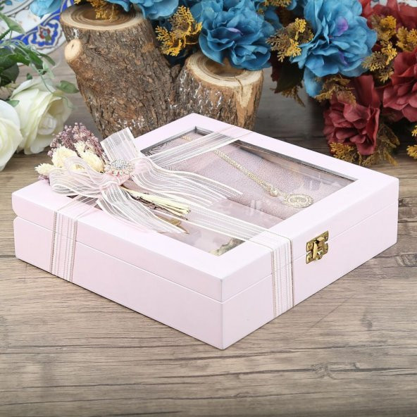 Anneler Günü Hediyesi Şal, Kolye, Kuran-ı Kerim, Ahşap Kutulu Set-Pembe - 3