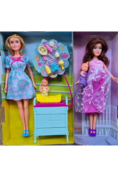HEPSİLAZIM 29 Cm Hamile Anne Oyuncak Et Bebekli Aile Beşik & Pusetli Set 15 Parça Abla Kardeş Evcilik Oyunu - 3