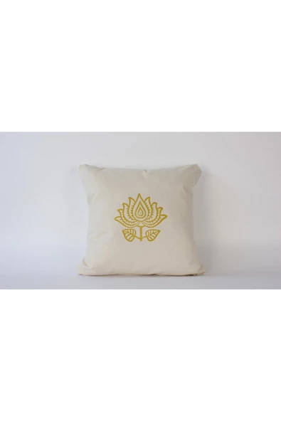 Evdebiz Büyük Altın Rengi Lotus Çiçeği Desenli Krem Duck Keten Kumaş 50x50 Dekoratif Kırlent