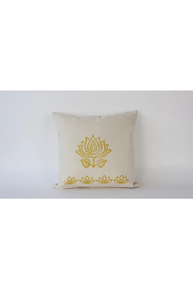 Evdebiz Altın Rengi Lotus Çiçeği Desenli Krem Duck Keten Kumaş 50x50 Dekoratif Kırlent Kılıfı