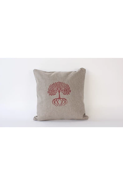 Evdebiz Yaşam Ağacı Kırmızı Desenli Kahve Keten Kumaş 50x50 Dekoratif Kırlent Kılıfı
