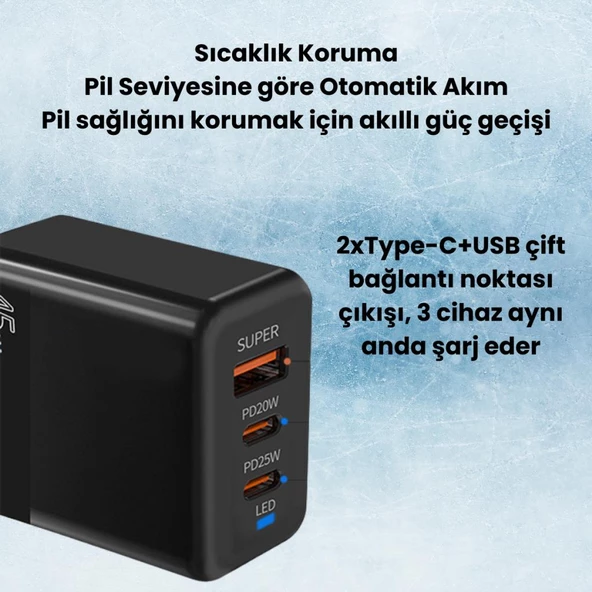 Coofbe Şarj Akım Korumalı QC3.0 PD 45W Şarj Başlığı Hızlı Şarj Adaptörü 3 Çıkışlı 45W Şarj Cihazı - 3