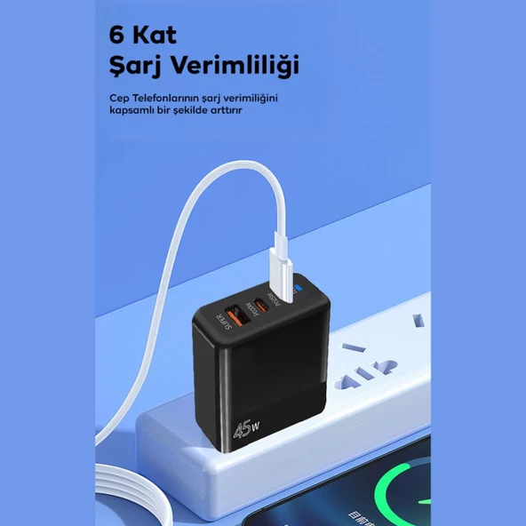Coofbe Şarj Akım Korumalı QC3.0 PD 45W Şarj Başlığı Hızlı Şarj Adaptörü 3 Çıkışlı 45W Şarj Cihazı - 4