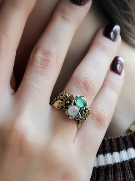 İkili Doğal Taşlı Çiçek Motifli Antik Kadın Ayarlanabilir Yüzük Aytaşı Yeşil Akik euy22aya - Resim 2