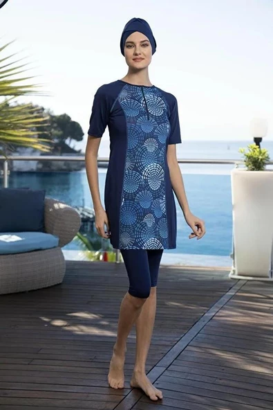Estiva 24824 Lacivert  Yarı Kapalı Kısa Kol Havuz Tesettür Mayo - Resim 9