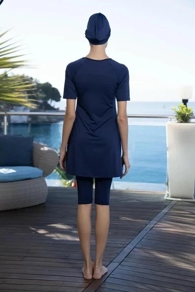 Estiva 24824 Lacivert  Yarı Kapalı Kısa Kol Havuz Tesettür Mayo - Resim 5