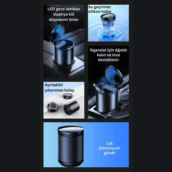 Coofbe Premium Car Ashtray Led Işıklı Alüminyum Taşınabilir Kapaklı Araba Küllük Kül Tablası Kokusuz - 2