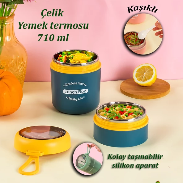 Porsima 66720 Yemek Termosu Çelik Yemek Termosu Lunch Box Taşınabilir Yemek Kabı Termos 710ML - Sarı