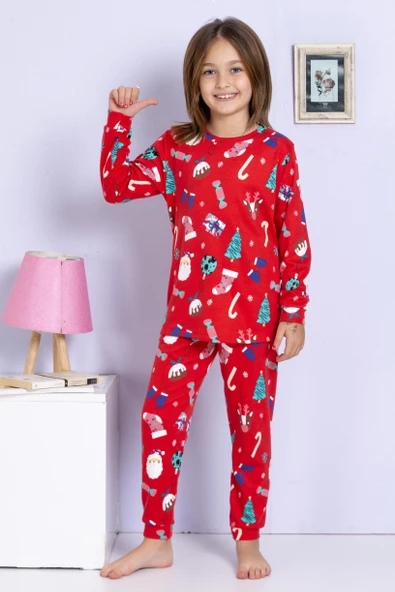 Kız Çocuk Yeni Yıl Yılbaşı Noel Temalı Kırmızı Pijama Takımı