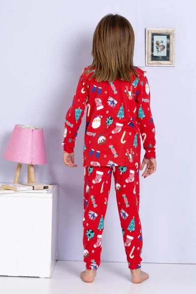 Kız Çocuk Yeni Yıl Yılbaşı Noel Temalı Kırmızı Pijama Takımı - 3