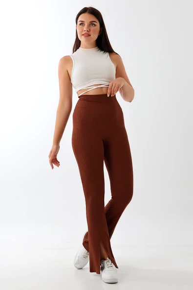 Yırtmaçlı İspanyol Paça Yüksek Bel Likralı Tayt - Resim 8