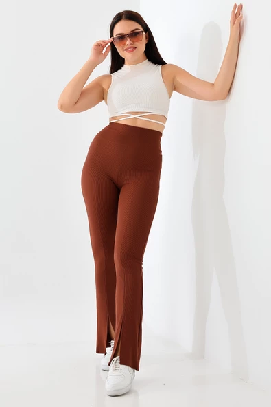 Yırtmaçlı İspanyol Paça Yüksek Bel Likralı Tayt - Resim 7