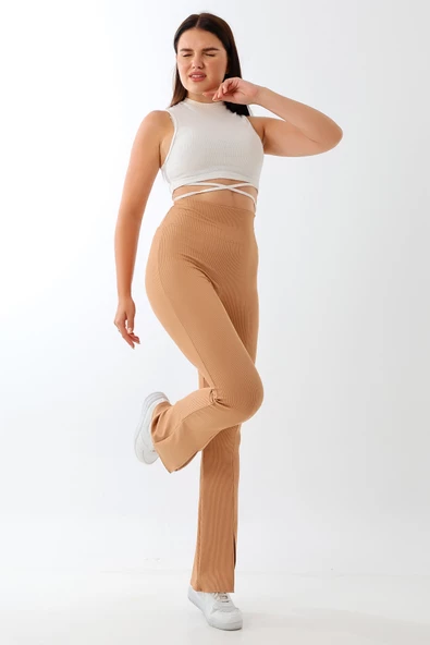 Yırtmaçlı İspanyol Paça Yüksek Bel Likralı Tayt - Resim 5