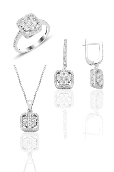 Gümüş rodyumlu zirkon taşlı pırlanta montür tasarım kare üçlü set SGTL12566RODAJ ürün görseli