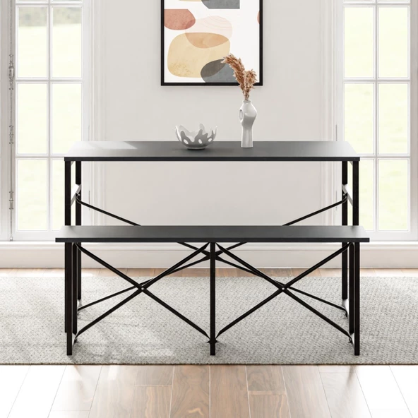 Eportatif Masa Takımı Bench Bank Masa Seti 120x60 Mutfak ve Yemek Masası Füme 1561 - 3