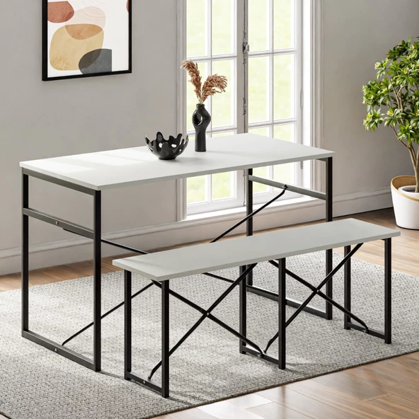 Eportatif Masa Takımı Bench Bank Masa Seti 120x60 Mutfak ve Yemek Masası Beyaz 1560